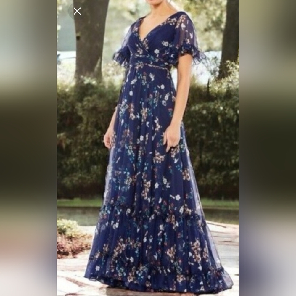 Mac Duggal Navy Floral Maxi Dress